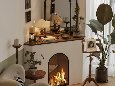 Cozy Living Room Interior With Fireplace Decorative Lamps Plants And Photo Frame 3d model