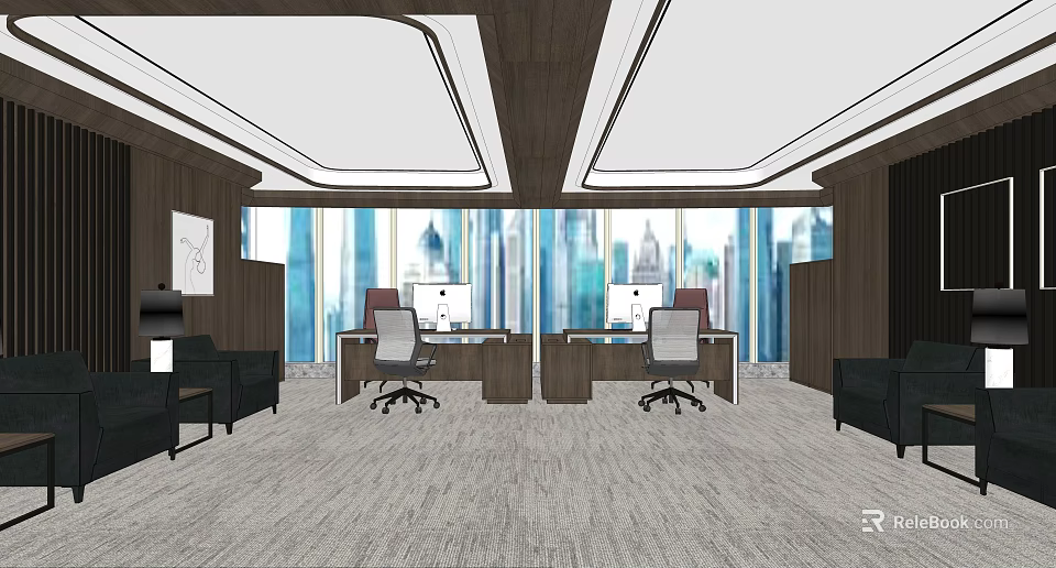 Modern Office Interior With Large Windows City View Desks And Office Chairs 3d model 