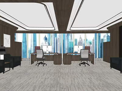 Modern Office Interior With Large Windows City View Desks And Office Chairs 3d model