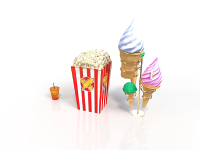 Colorful Ice Cream Cones With Striped Popcorn Bag And Small Sweet Drink 3d model