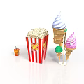 Colorful Ice Cream Cones With Striped Popcorn Bag And Small Sweet Drink