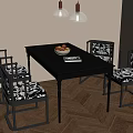 Dining Room With Black Table Four Patterned Chairs Fruit Bowl And Pendant Lights 3d model