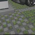 Efficient Parking Lot With Sports Car Motorcycle Scooter On Grid Patterned Pavement And Surrounding Bushes