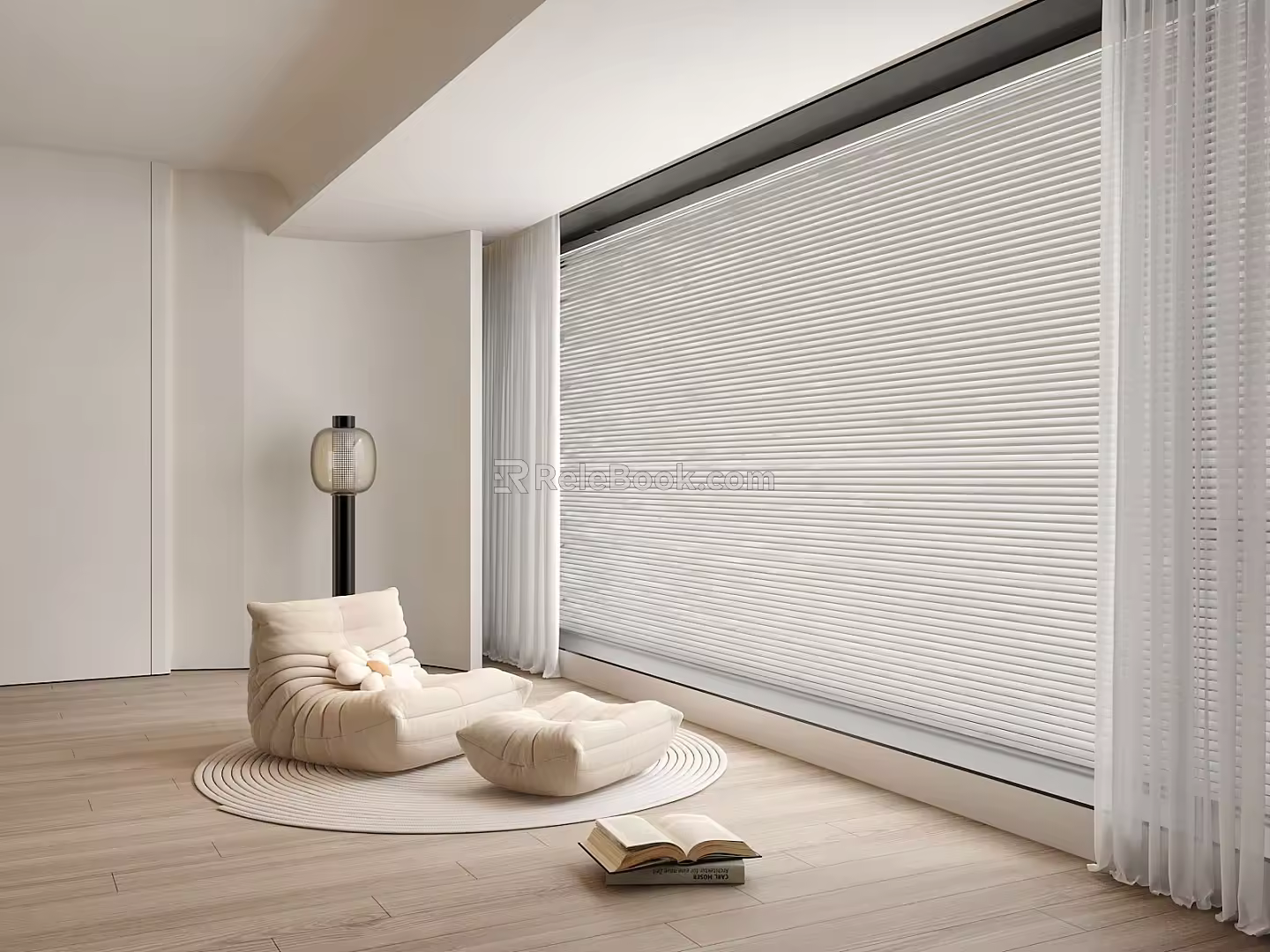 Modern Cream Style Balcony Venetian Curtain Window Screen Lazy Sofa Floor Lamp 3d model