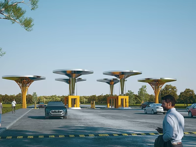 Modern Entrance Gate with Unique Canopy Design for Vehicle Access and Surrounding Trees 3d model