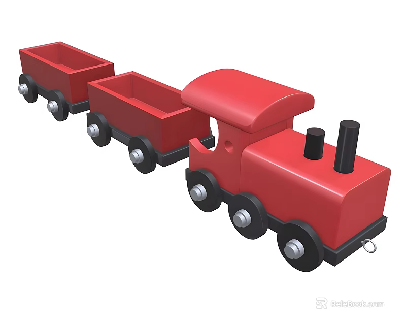 Red Wooden Toy Train With Carriages And Black Wheels For Kids Play 3d model 