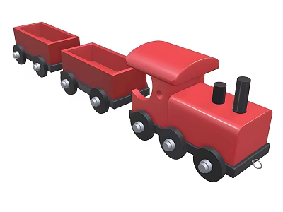 Red Wooden Toy Train With Carriages And Black Wheels For Kids Play 3d model