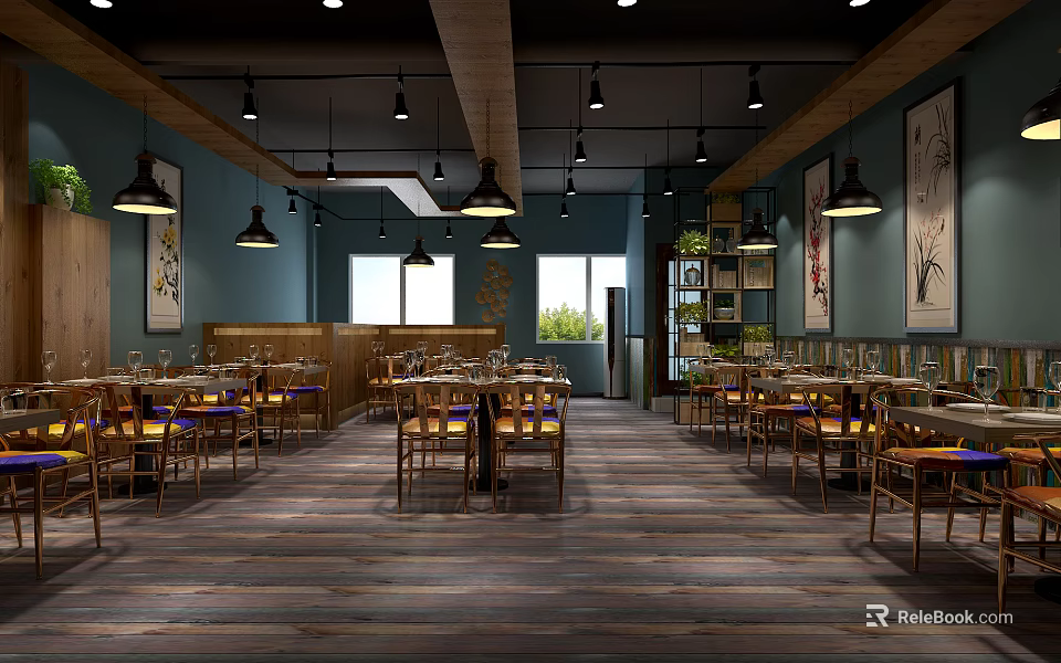 Spacious Restaurant Interior With Wooden Floor Hanging Lights Blue Walls Tables Chairs And Green Plants 3d model 
