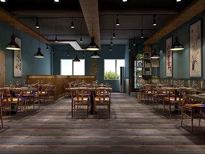 Spacious Restaurant Interior With Wooden Floor Hanging Lights Blue Walls Tables Chairs And Green Plants 3d model