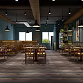 Spacious Restaurant Interior With Wooden Floor Hanging Lights Blue Walls Tables Chairs And Green Plants