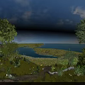 Scenic Landscape With Blue Sky Lake Island Trees Flowers And Path