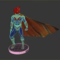 Man in Superhero Costume with Red Cape Blue Bodysuit and Golden Accents Standing on Base