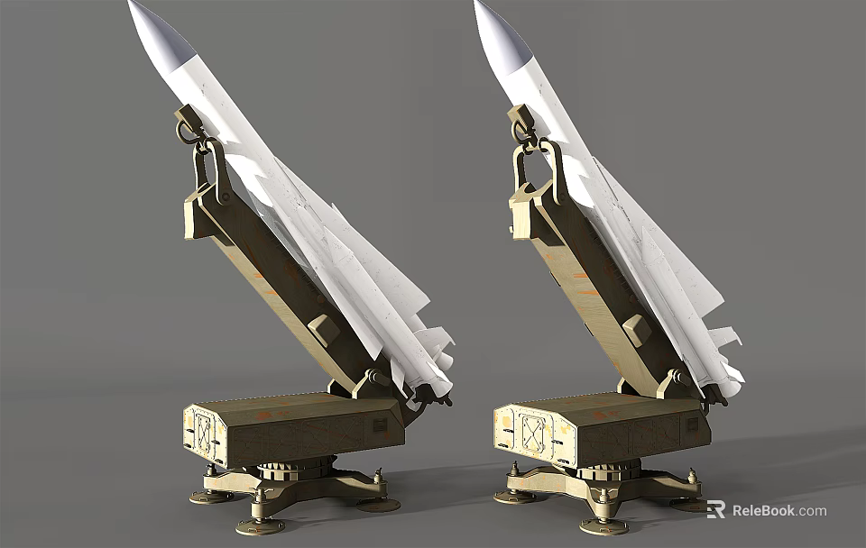Two White Tactical Missiles Mounted on Brown Military Launchers with Numbered Markings and Stable Bases 3d model 