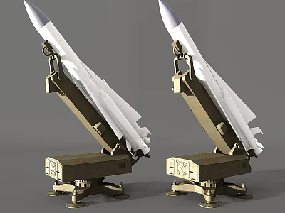 Two White Tactical Missiles Mounted on Brown Military Launchers with Numbered Markings and Stable Bases 3d model