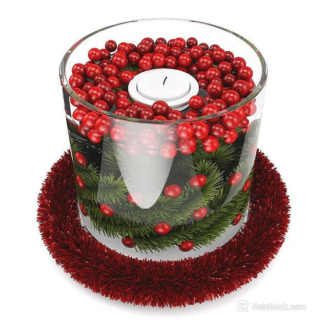 Transparent Candle Lamp with Red Berries White Candle and Green Leaves on Red Base 3d model 