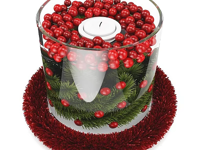 Transparent Candle Lamp with Red Berries White Candle and Green Leaves on Red Base 3d model
