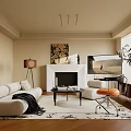 Modern Living Room Interior With Beige Sofa Fireplace TV Rug Floor Lamp And Green Plant