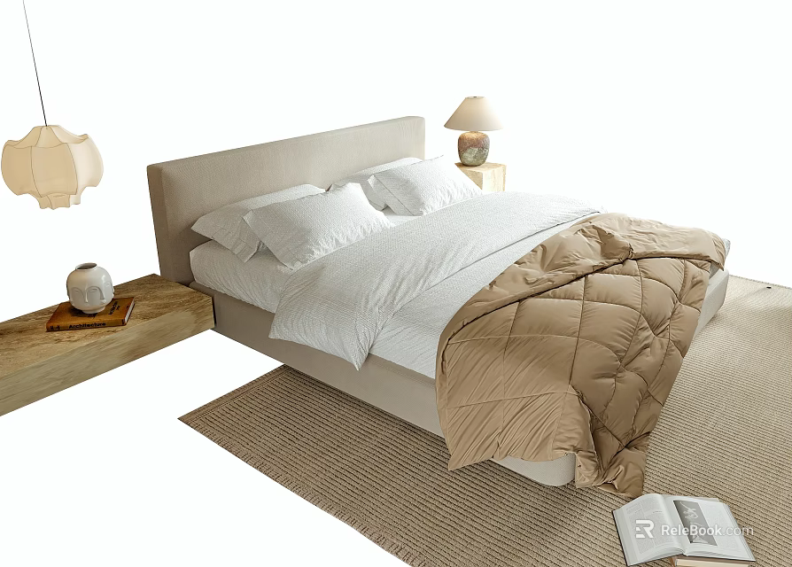 Modern Double Bed With Beige Quilt White Sheets Bedside Table Lamp And Rug 3d model 