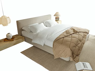 Modern Double Bed With Beige Quilt White Sheets Bedside Table Lamp And Rug 3d model