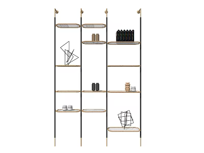 Modern Stylish Shelving Unit With Black Gold Frame Multiple Tiers And Decorative Items 3d model