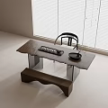 Minimalist Wooden Tea Table and Chair with Tea Set by Window Blinds