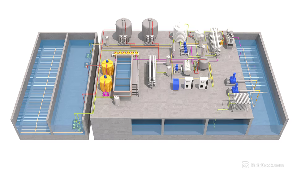 Industrial Factory Interior Featuring Large Storage Tanks Piping Systems Control Panels And Processing Pools 3d model 