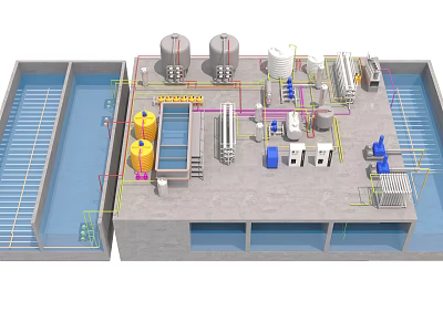 Industrial Factory Interior Featuring Large Storage Tanks Piping Systems Control Panels And Processing Pools 3d model