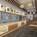 Asian Style Restaurant Interior With Wooden Elements Lanterns Menu Display And Dining Tables 3d model
