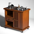 Wooden Rolling Kitchen Cart With Electric Kettle Tea Set And Storage Drawer