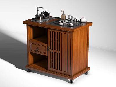 Wooden Rolling Kitchen Cart With Electric Kettle Tea Set And Storage Drawer 3d model