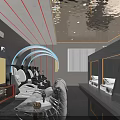 Modern Hi Tech Hotel Room With Neon Lights Reflective Ceiling Gaming Chairs And Bunk Beds