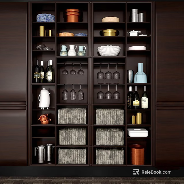 Dark Wooden Kitchen Cabinet Storage With Various Kitchenware Wine Glasses Bottles And Baskets 3d model 