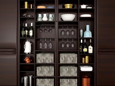 Dark Wooden Kitchen Cabinet Storage With Various Kitchenware Wine Glasses Bottles And Baskets 3d model