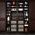 Dark Wooden Kitchen Cabinet Storage With Various Kitchenware Wine Glasses Bottles And Baskets
