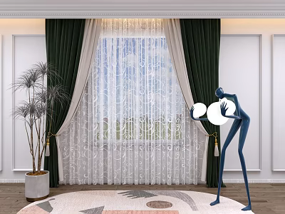 Elegant Green Curtains With White Sheer Layers For Modern Interior Decoration 3d model