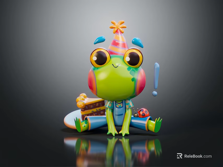 Green Frog Game And Movie Character With Party Hat Big Eyes Cake And Cheerful Expression 3d model 