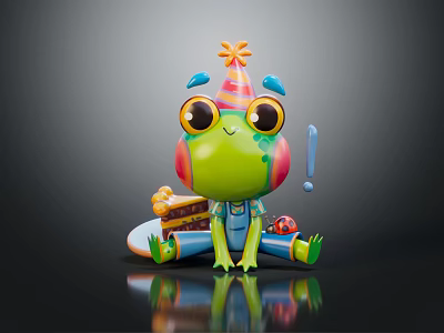 Green Frog Game And Movie Character With Party Hat Big Eyes Cake And Cheerful Expression 3d model