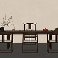 Chinese Wooden Dining Table Set with Matching Chairs Decorative Vase Fruits and Carved Ornament
