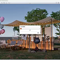 Outdoor Tent Setup With Colorful Balloons String Lights And Seating Area 3d model