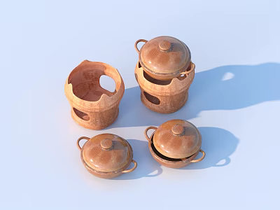 Brown Clay Containers with Handmade Lids and Decorative Hollow Patterns 3d model