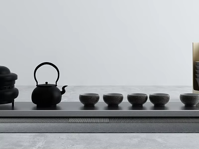 Modern Black Tea Set With Teapot And Ceramic Cups On Sleek Stone Table 3d model