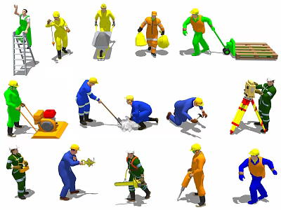 Multiple Construction Workers Performing Various Work Activities With Tools Like Ladders Shovels And Measuring Equipment 3d model