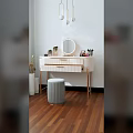 White Dressing Table with Gold Legs Round Mirror Cosmetics Decorative Items and Gray Stool 3d model