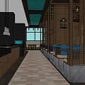 Contemporary Restaurant Interior With Blue Cushioned Seats Wooden Tables And Hanging Lamps