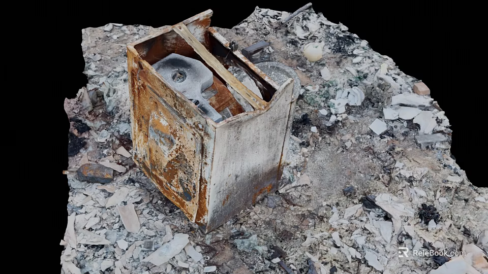 Rusted Broken Appliance Amid Debris And Rubble In Ruined Scene 3d model 