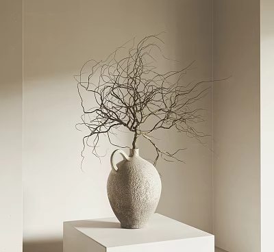 Minimalist Ceramic Vase With Textured Surface Holding Twisted Dried Branches On White Shelf 3d model