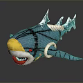 Blue Shark With Yellow Nose Open Mouth Sharp Teeth Black Stripes And White Accents