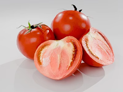 Fresh Red Ripe Tomatoes Whole and Sliced Showing Juicy Interior 3d model