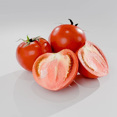 Fresh Red Ripe Tomatoes Whole and Sliced Showing Juicy Interior 3d model