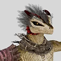 Mythical Game Movie Character With Bird Head Feathered Scaled Body Tattered Clothing And Axe Weapon